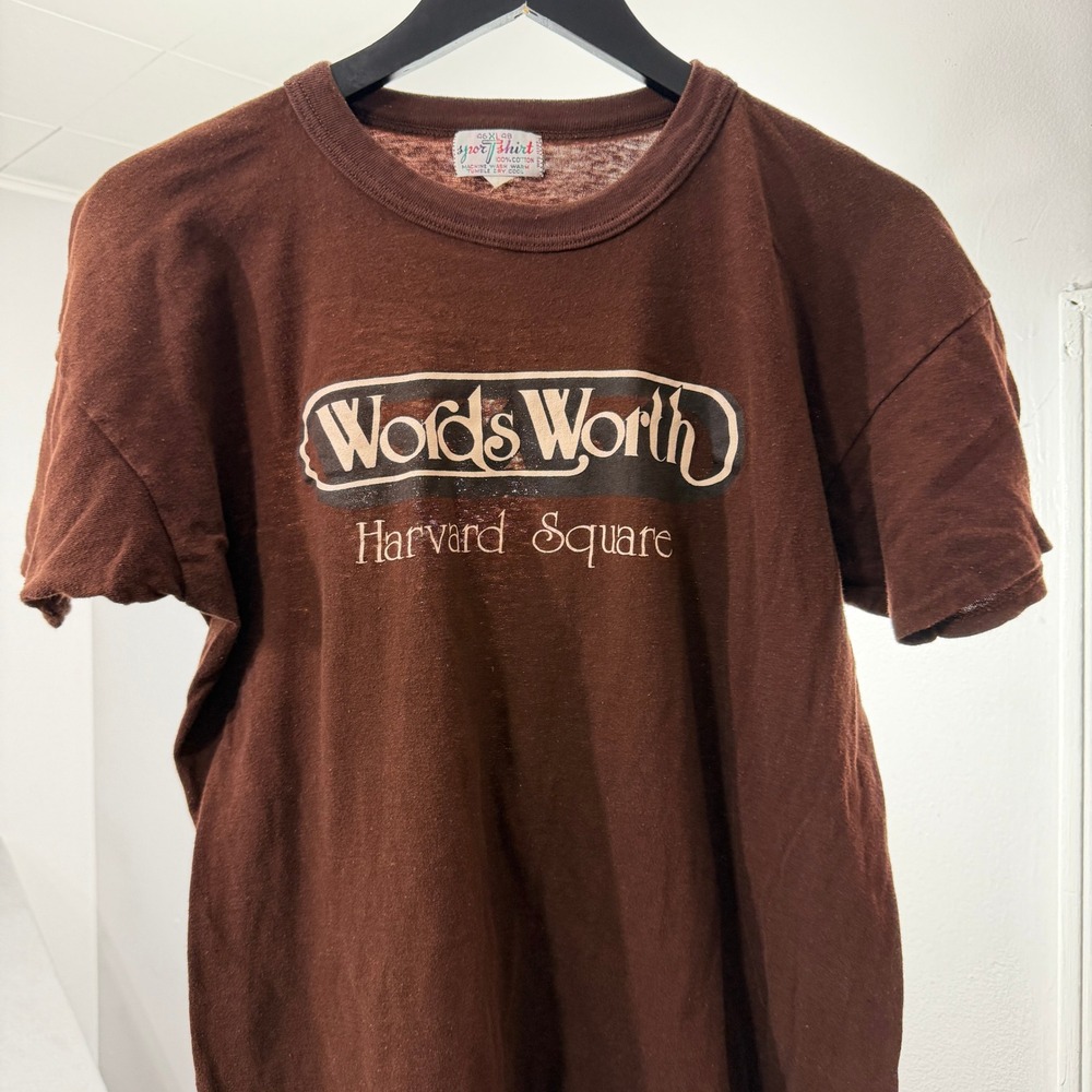Vintage Words Worth Harvard Square Shirt Mens XL Brown Thin 60s 70s Graphic Tee